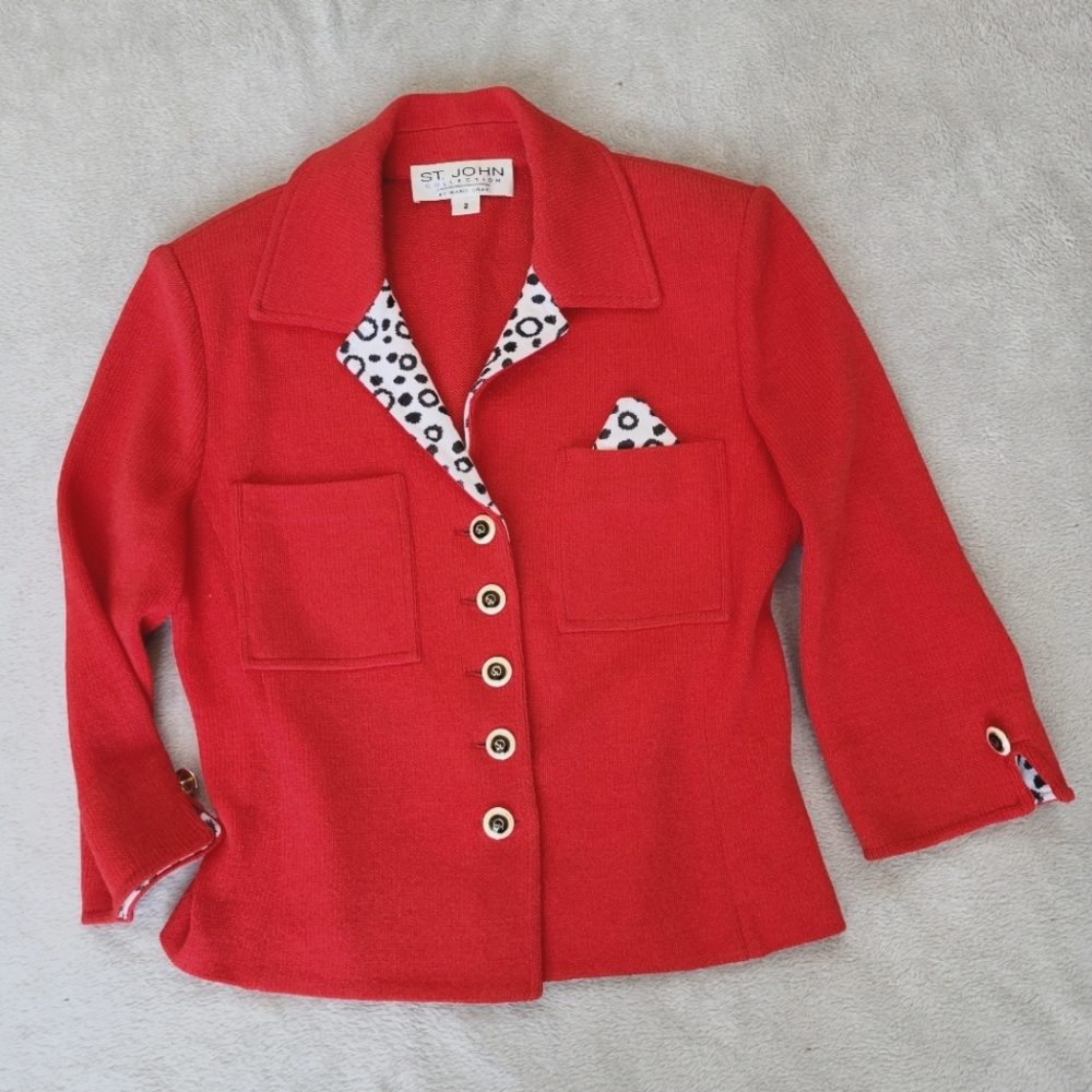 ST JOHN Blazer Red Vintage Marie Gray Collection Polka Dot Cheetah Trim 2 XS